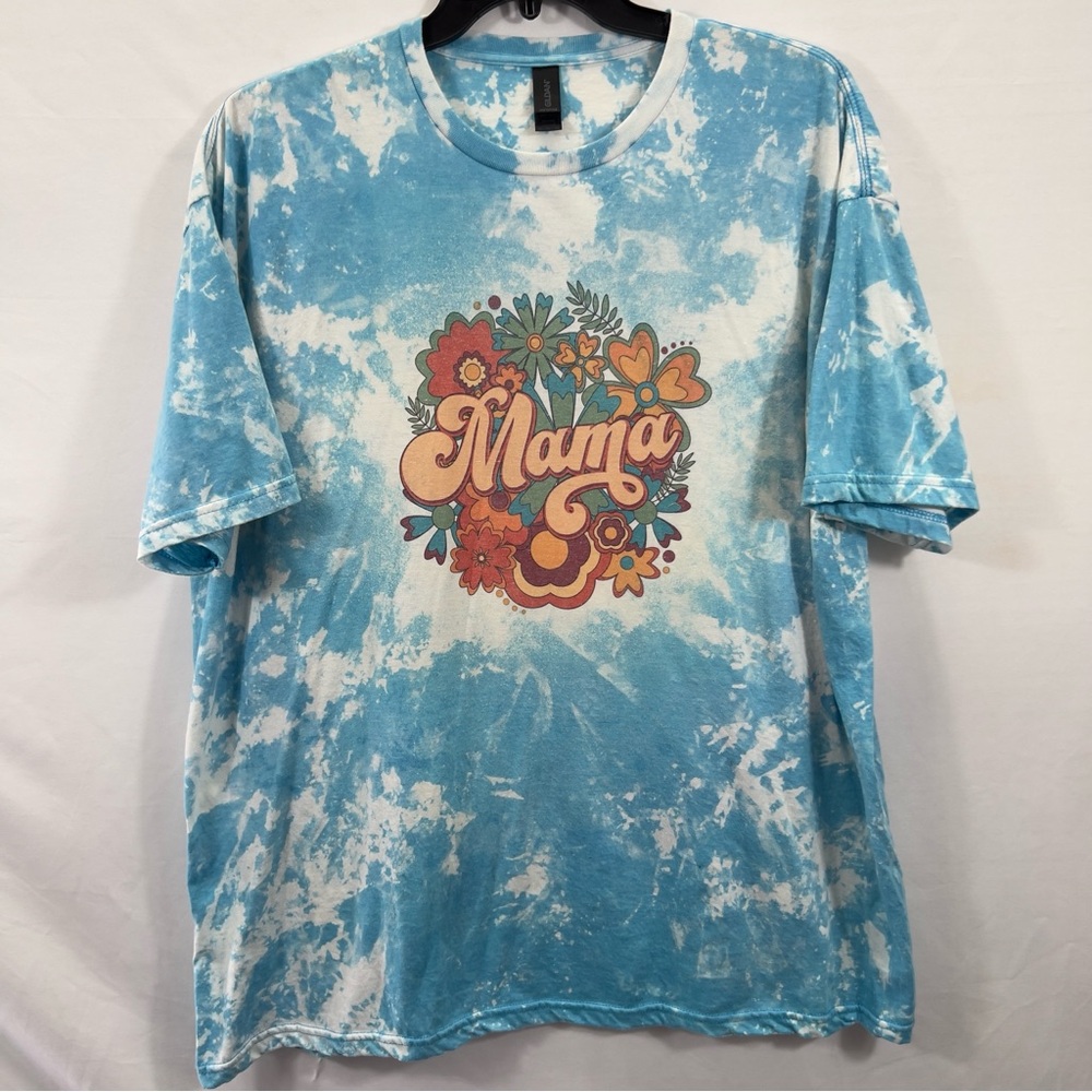 Womens Gildan Blue Tie-Dye 'Mama' 3x6 Short Sleeve Tee 0878